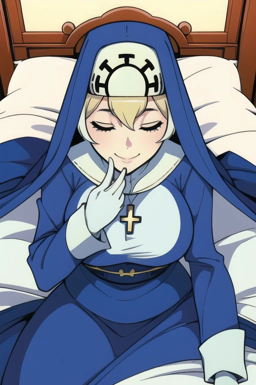 Double, short blonde hair, medium breasts, solo, 1girl, smiling, cowboy shot, closed eyes,
blue habit, cross necklace ,white gloves, long sleeves, nun, long skirt
(insanely detailed, beautiful detailed face,beautiful detailed eyes, masterpiece, best quality) room, bedroom, sexy pose, bed, lying down