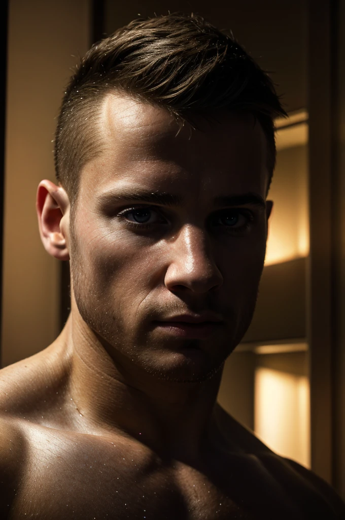 a muscular naked male, 25 years old, anatomic and realistic, well-defined muscular body, short black hair, pale skin, caucasian, thick penis, good body, bodybuilder, (best quality,4k,8k,highres,masterpiece:1.2),ultra-detailed,(realistic,photorealistic,photo-realistic:1.37),intricate details,hyper realistic,chiaroscuro lighting,dramatic lighting,cinematic lighting,moody atmosphere