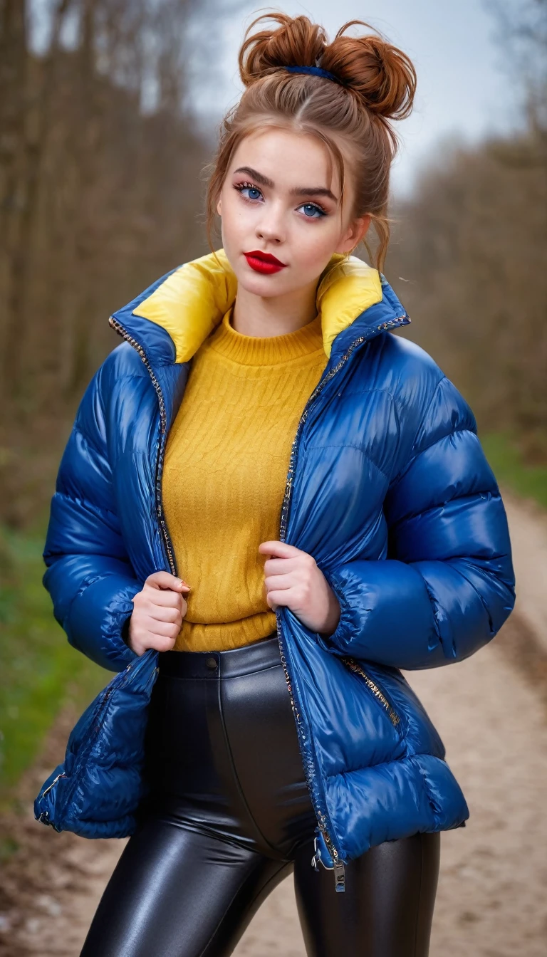 ultrarealistic high quality fullbody photo of a beautiful slim european girl with cute hyperdetailed shy face and natural redhead short messy bun and mischievous face, realistic round hazel eyes, red lips, dark eye makeup with eyeliner, wearing shiny blue puffer jacket and faux leather leggins, hourglass body, outdoor shooting