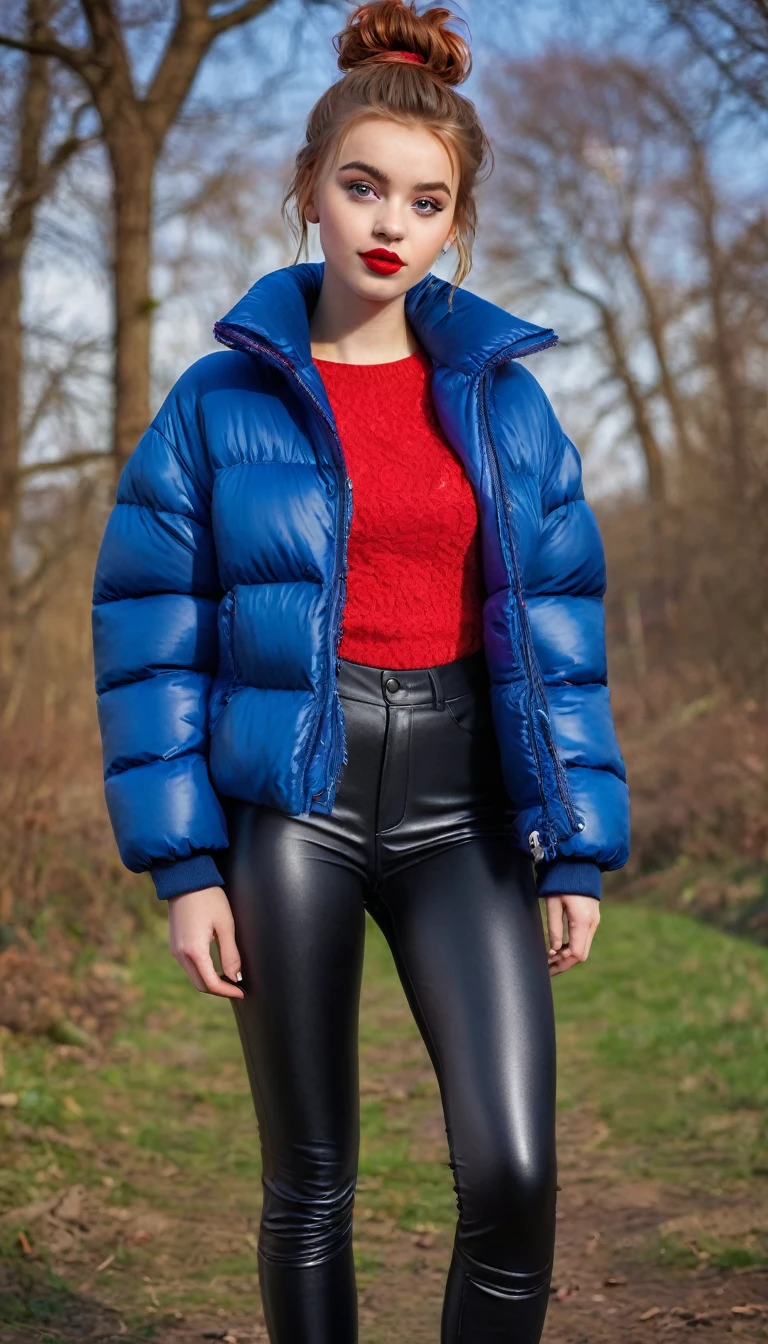 ultrarealistic high quality fullbody photo of a beautiful slim european teen girl with cute hyperdetailed shy face and natural redhead short messy bun and mischievous face, realistic round hazel eyes, red lips, dark eye makeup with eyeliner, wearing shiny blue puffer jacket and faux leather leggins, hourglass body, outdoor shooting