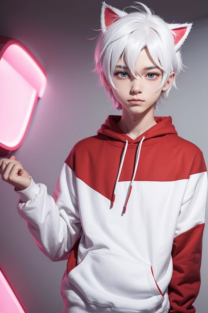 Drawing more cartoon character in pngtuber man white hair cat ears eyes red sweatshirt gamer half body