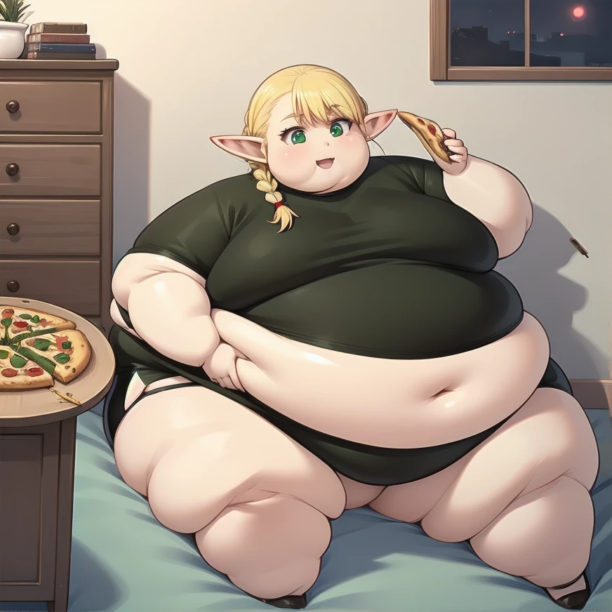 ((Masterpiece)), high quality, 4K, 1 solo girl, obese erufuda, short hair, pointy ears, obese elf, thick thighs, fat belly, fat arms, fat neck, big cheeks, fat face, blonde hair, (green eyes:1.5), braid, ((Perfect body)), smile, open mouth, eating french potato and much pizza, very cute, night, in bedroom