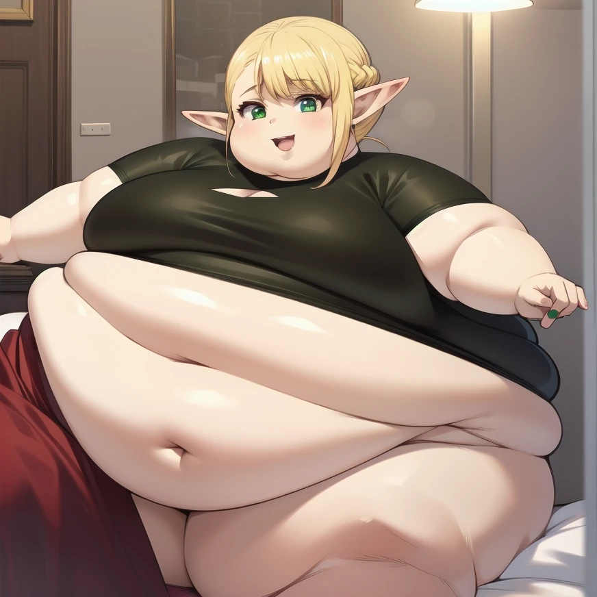 ((Masterpiece)), high quality, 4K, 1 solo girl, obese erufuda, short hair, pointy ears, obese elf, thick thighs, fat belly, fat arms, fat neck, big cheeks, fat face, blonde hair, (green eyes:1.5), braid, ((Perfect body)), smile, open mouth, eating french potato and much pizza, very cute, night, in bedroom