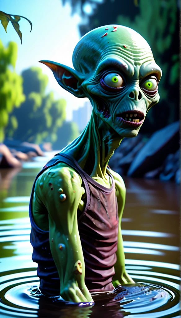 modelshoot style humanoid Alien Zombie in the river, Artgerm, Pixar, Norman Rockwell, Up, Coco, Luca, WLOP, intricately detailed concept art, 3d digital art, Maya 3D, ZBrush Central 3D shading, cinematic, Reimagined by industrial light and magic, 8k resolution, VRAY, HDR, volumetric