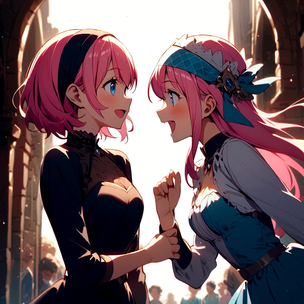 2People Women、Laugh together、joke、Looking at each other、Pink Hair、Drill Twin、Headband、blue eyes