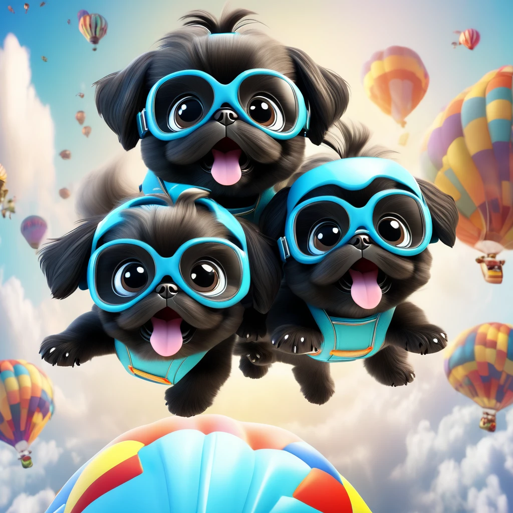2 Adorable small black Shih Tzu puppies wearing bright goggles skydiving Disney background 3d cartoon 3d render disney pixar style