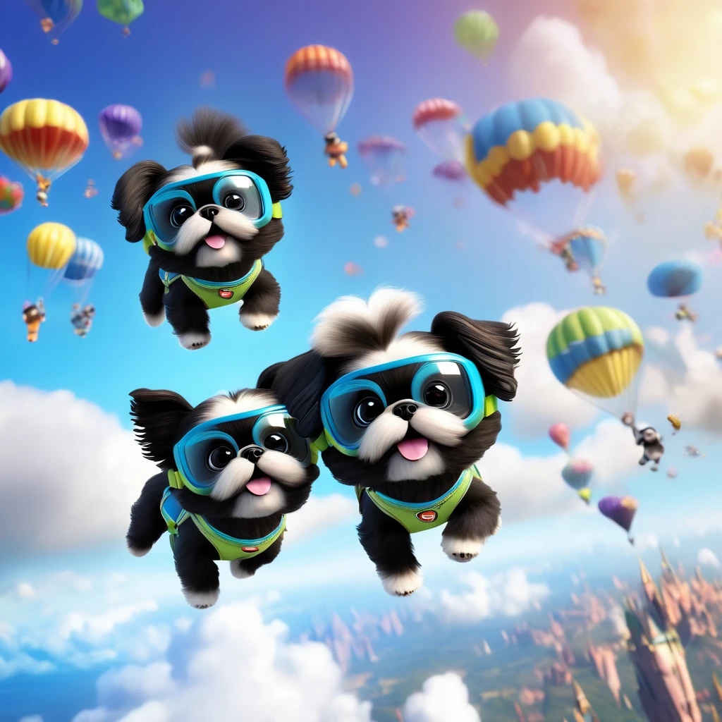 2 Adorable small black Shih Tzu puppies wearing bright goggles skydiving Disney background 3d cartoon 3d render disney pixar style