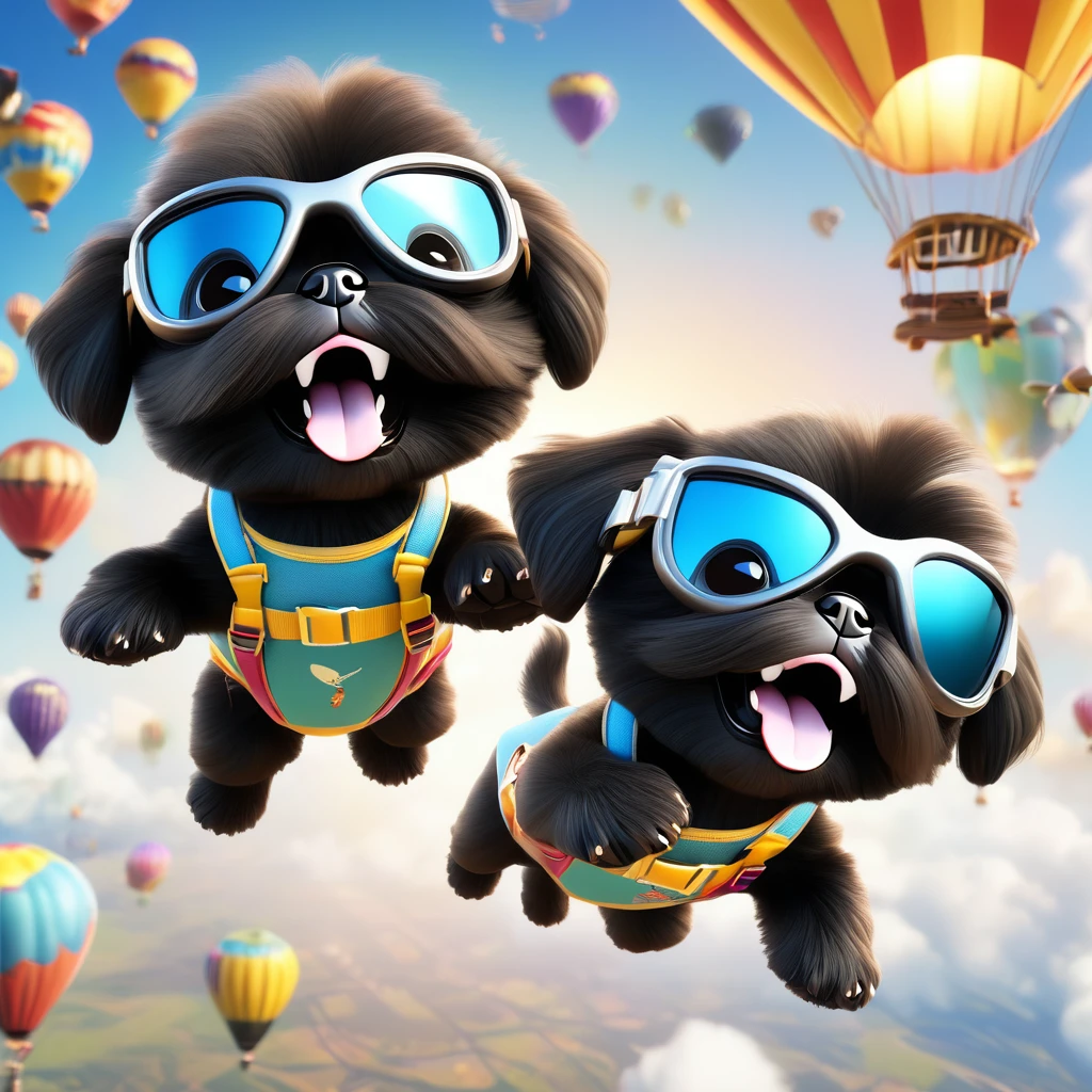 2 Adorable small black Shih Tzu puppies wearing bright sunglasses running on beach Disney background 3d cartoon 3d render disney pixar style