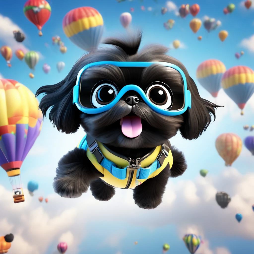 2 Adorable small black Shih Tzu puppies wearing bright goggles skydiving Disney background 3d cartoon 3d render disney pixar style