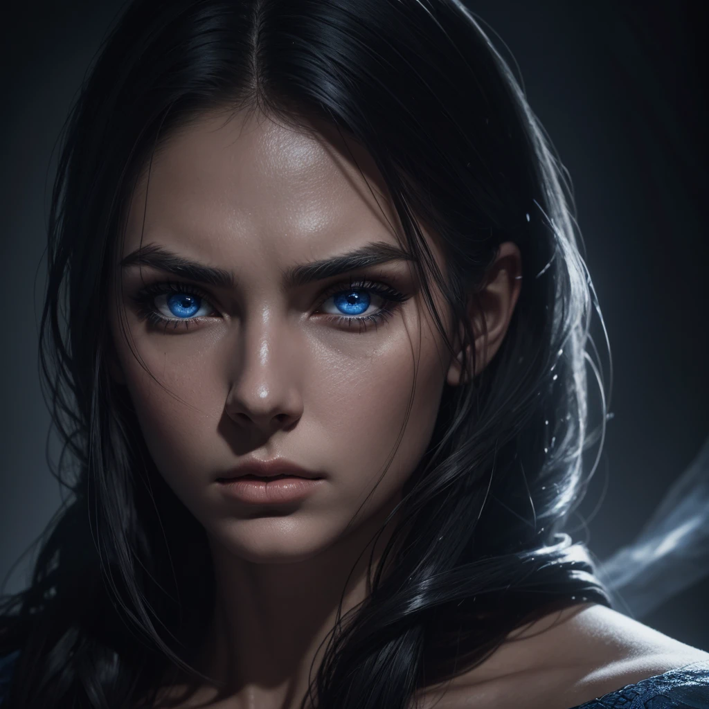 1 woman, striking facial features, deep expressive blue eyes, prominent cheekbones, strong eyebrows, dramatic lighting, chiaroscuro lighting, blurred background, ultra-realistic, 8k, realistic and artistic style, soft skin, intense and captivating mood