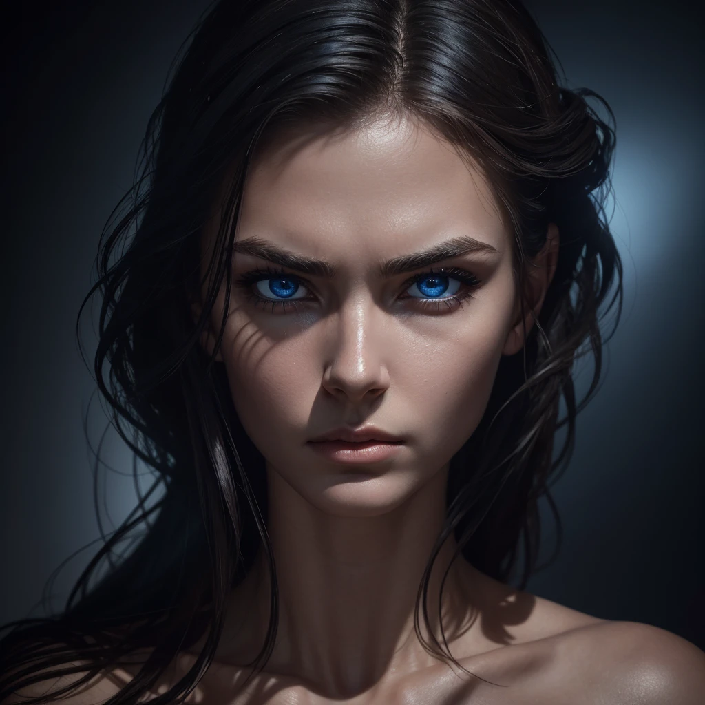 1 woman, striking facial features, deep expressive blue eyes, prominent cheekbones, strong eyebrows, dramatic lighting, chiaroscuro lighting, blurred background, ultra-realistic, 8k, realistic and artistic style, soft skin, intense and captivating mood