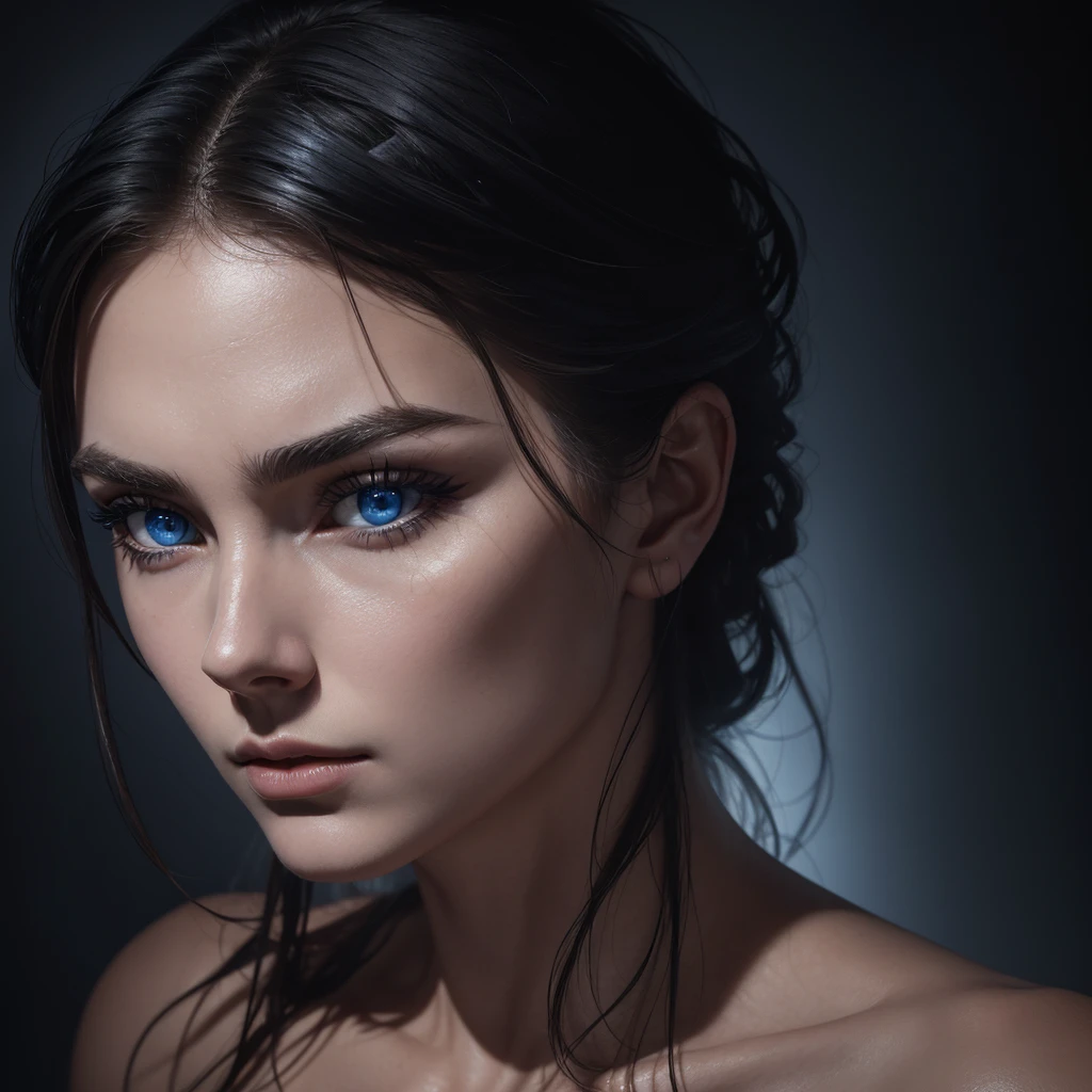 1 woman, striking facial features, deep expressive blue eyes, prominent cheekbones, strong eyebrows, dramatic lighting, chiaroscuro lighting, blurred background, ultra-realistic, 8k, realistic and artistic style, soft skin, intense and captivating mood