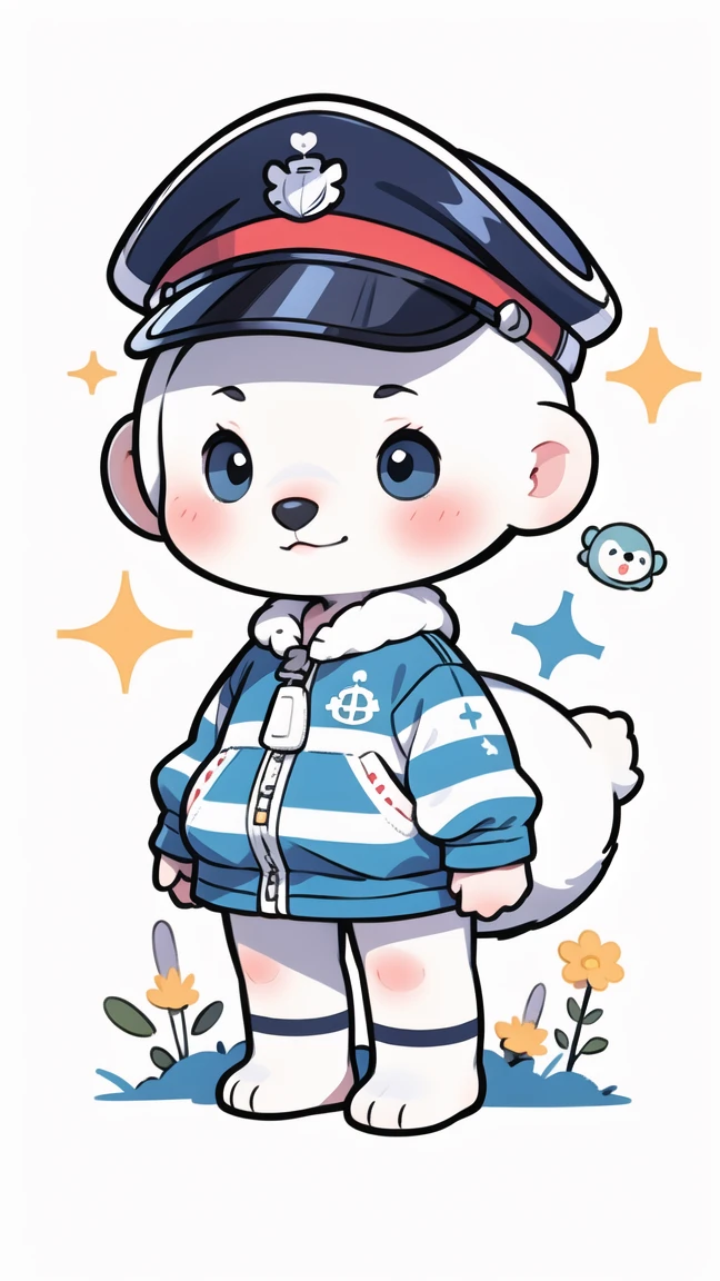 Little,whole body, A polar bear wearing striped clothing and a marine hat,Background yellow