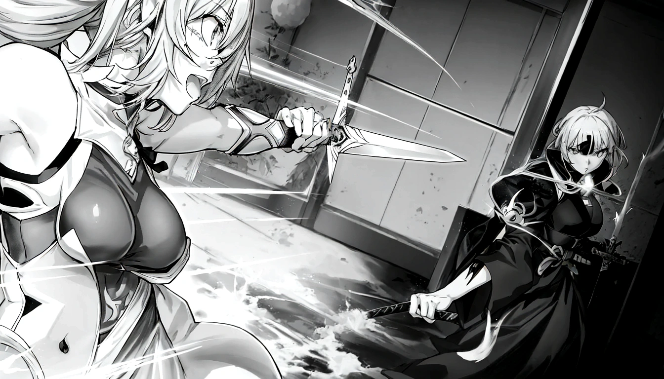 anime characters are standing in a room with a sword, black and white manga panel, black and white manga page, striking manga artstyle, black and white manga style, practising her sword staces, black and white manga comic, sword attack, black and white manga, award winning manga style, ayaka genshin impact, isekai manga panel, anime fight, sword fight