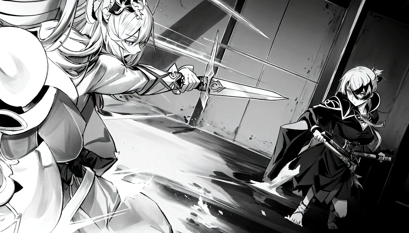 anime characters are standing in a room with a sword, black and white manga panel, black and white manga page, striking manga artstyle, black and white manga style, practising her sword staces, black and white manga comic, sword attack, black and white manga, award winning manga style, ayaka genshin impact, isekai manga panel, anime fight, sword fight