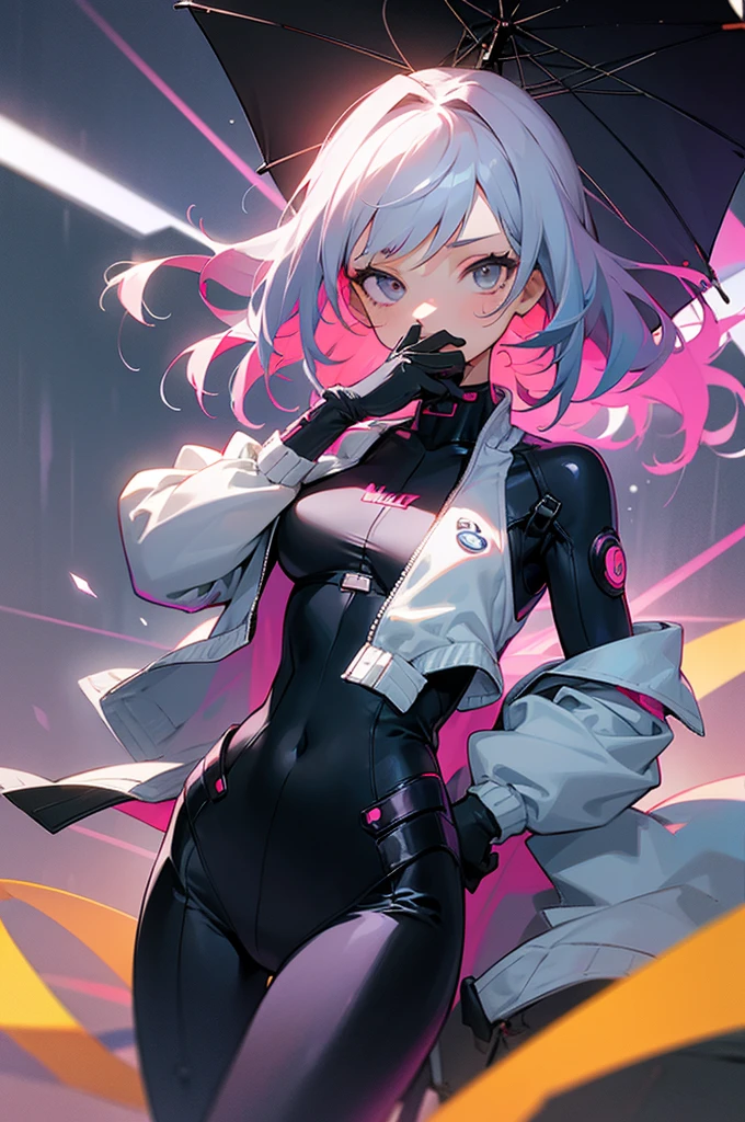 portrait, 1 girl, beautiful face, asymmetrical hair, multi-colored hair, belt, bodysuit, covered mouth, covered navel, detached sleeves, grey eyes, hip vent, open jacket, cute, look at viewer, night city, neon, rainy,
