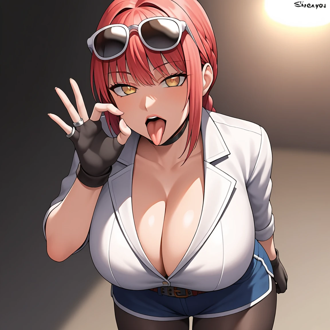 1girl, makima, (Chainsow Man)breasts, solo, cleavage, glasses_on_head, hair, fellatio_gesture, huge breasts, looking_at viewer, eyes, shorts, gloves, tongue, open mouth, sunglasses, shirt, jacket, pantyhose, bangs, tongue out, ring