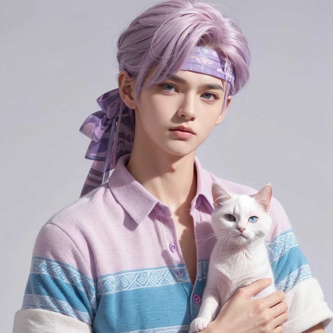 Handsome boy, purple hair, gray eyes, purple and pink headdress, pink and blue polo, white cat