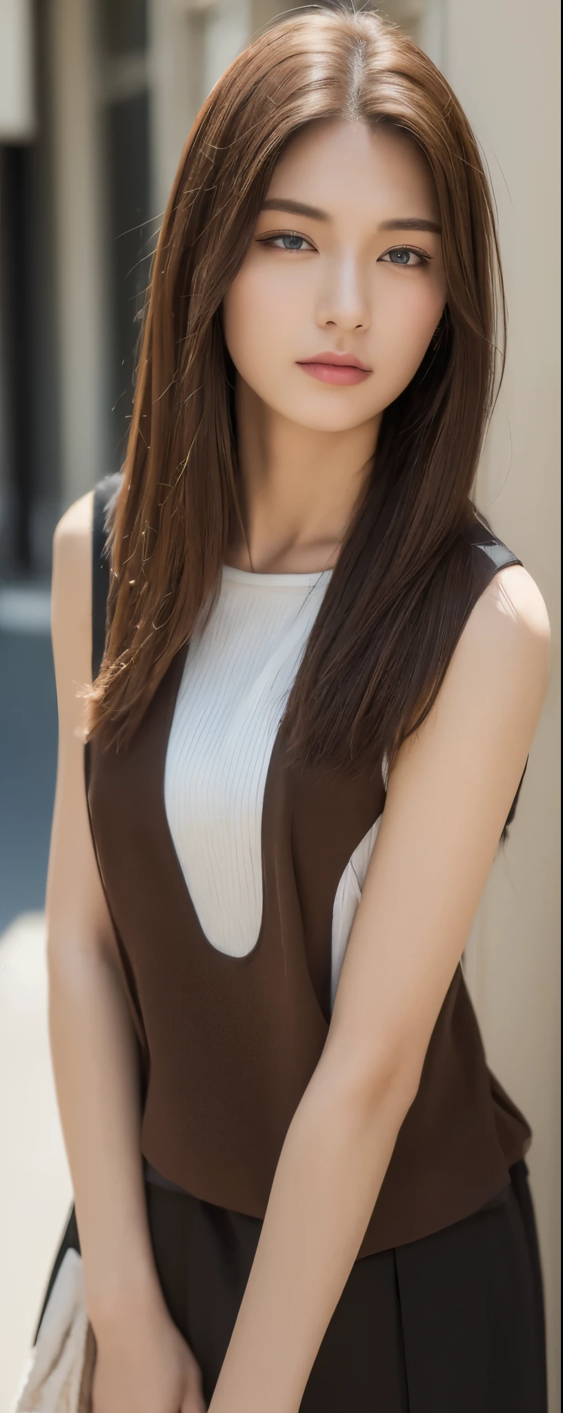 ((top-quality, 8K, masterpiece:1.3)), sharp focus:1.2, Beautiful Women in Perfect Style:1.4, Slender Abs:1.2, wearing sleeveless shirts wide pants, ((dark brown hair:1.2)), (natural soft light, City Street:1.1), Highly detailed facial and skin texture, A detailed eye, double eyelid, uniform, Female, 24 years old