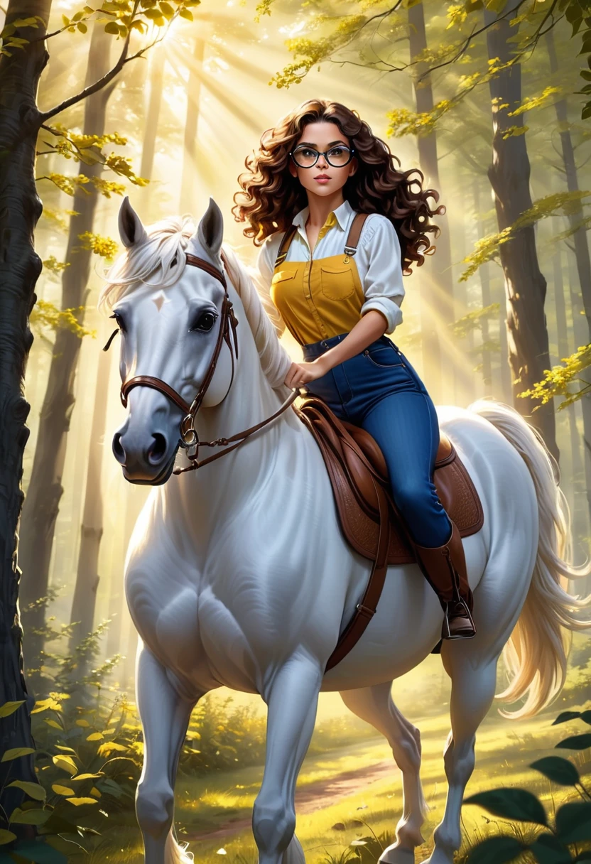 You will act as a digital artist specializing in realistic illustrations. Por favor, create an image of a beautiful woman with dark brown curly hair, wearing dark sports glasses, dressed in a light denim dungaree and a yellow blouse. She must be riding her majestic white horse, assuming a high-quality photographic pose that displays a modern, confident cavalier aura. The image must be an 8K masterpiece.
The scene must be set in a forest environment with beautiful fruit trees, where sunbeams pass through the treetops, creating a play of light and shadows that highlight the details of the clothing, of the horse's hair and muscles. The composition should convey a feeling of peace, natural beauty and elegance, with a touch of dynamism and modernity. Every detail of the scene must be meticulously crafted to create a true work of art..