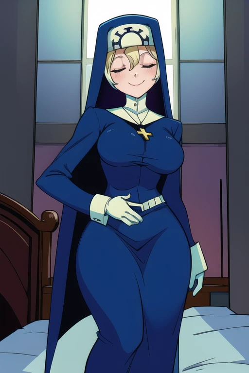Double, short blonde hair, medium breasts, solo, 1girl, smiling, cowboy shot, closed eyes,
blue habit, cross necklace ,white gloves, long sleeves, nun, long skirt, room, bedroom, sexy pose, sexy body, cape, sexy breast, standing, boots