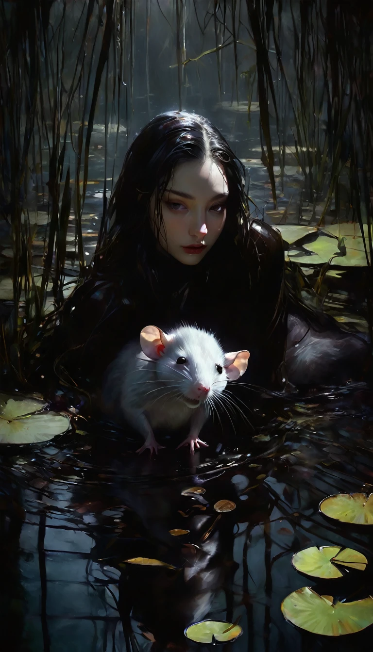 ((girl and her pet rat)) eroticism, sexy, between shadows,in the water of a dark swamp with water lilies, oil painting, dramatic lighting, dramatic contrast, chiaroscuro, detailed face, sensual expression, elegant pose, female figure, mysterious, moody, cinematic, dark romantic, Bill Sienkiewicz inspired, dark atmosphere, powerful composition, dramatic shadows, high quality, photorealistic, masterpiece (best quality,4k,8k,highres,masterpiece:1.2),ultra-detailed,(realistic,photorealistic,photo-realistic:1.37),intricate details,,sharp focus,professional,Dave McKean artwork, oil touch of surrealism,oil painting
