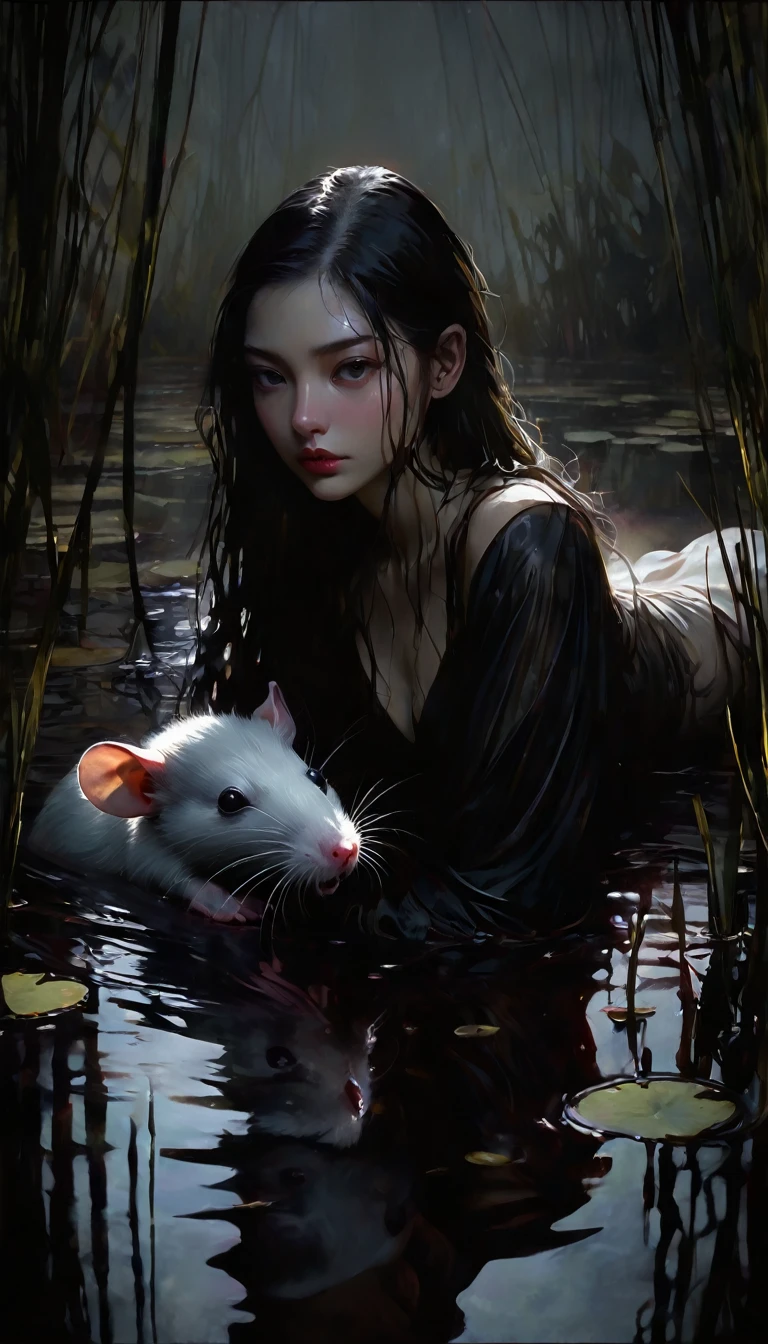 ((girl and her pet rat)) eroticism, sexy, between shadows,in the water of a dark swamp with water lilies, oil painting, dramatic lighting, dramatic contrast, chiaroscuro, detailed face, sensual expression, elegant pose, female figure, mysterious, moody, cinematic, dark romantic, Bill Sienkiewicz inspired, dark atmosphere, powerful composition, dramatic shadows, high quality, photorealistic, masterpiece (best quality,4k,8k,highres,masterpiece:1.2),ultra-detailed,(realistic,photorealistic,photo-realistic:1.37),intricate details,,sharp focus,professional,Dave McKean artwork, oil touch of surrealism,oil painting