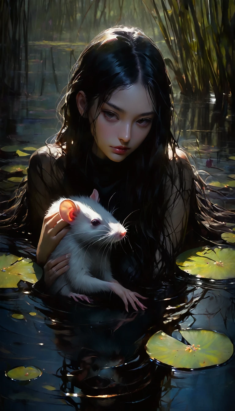 ((girl and her pet rat)) eroticism, sexy, between shadows,in the water of a dark swamp with water lilies, oil painting, dramatic lighting, dramatic contrast, chiaroscuro, detailed face, sensual expression, elegant pose, female figure, mysterious, moody, cinematic, dark romantic, Bill Sienkiewicz inspired, dark atmosphere, powerful composition, dramatic shadows, high quality, photorealistic, masterpiece (best quality,4k,8k,highres,masterpiece:1.2),ultra-detailed,(realistic,photorealistic,photo-realistic:1.37),intricate details,,sharp focus,professional,Dave McKean artwork, oil touch of surrealism,oil painting
