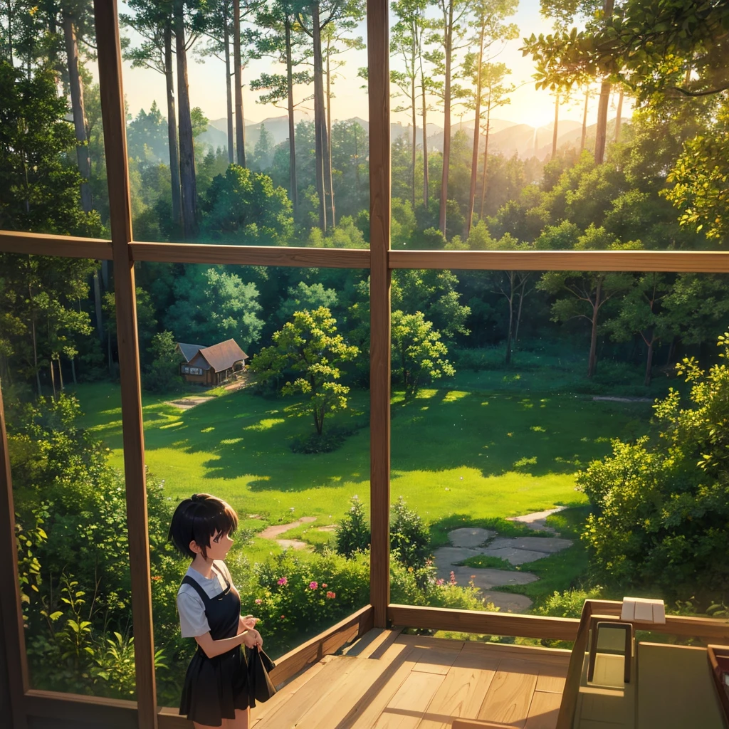 there is a painting of a house in the forest with a ladder, style of Makoto Shinkai, studio glibly makoto shinkai, animated background art, in style of Makoto Shinkai, Inspired by Makoto Shinkai, ( ( Makoto Shinkai ) ), house background, greg rutkowski Makoto Shinkai, lofi art style 1920x1080 resolution sunset filter
