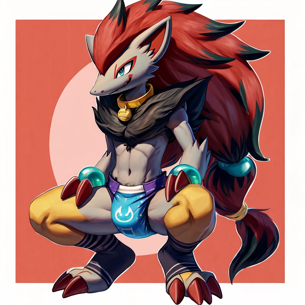 A dark purple femboy zoroark wearing a black sweatshirt and a blue diaper and white socks with black stripes and a gold dog collar around his neck and with bracelets on his arms