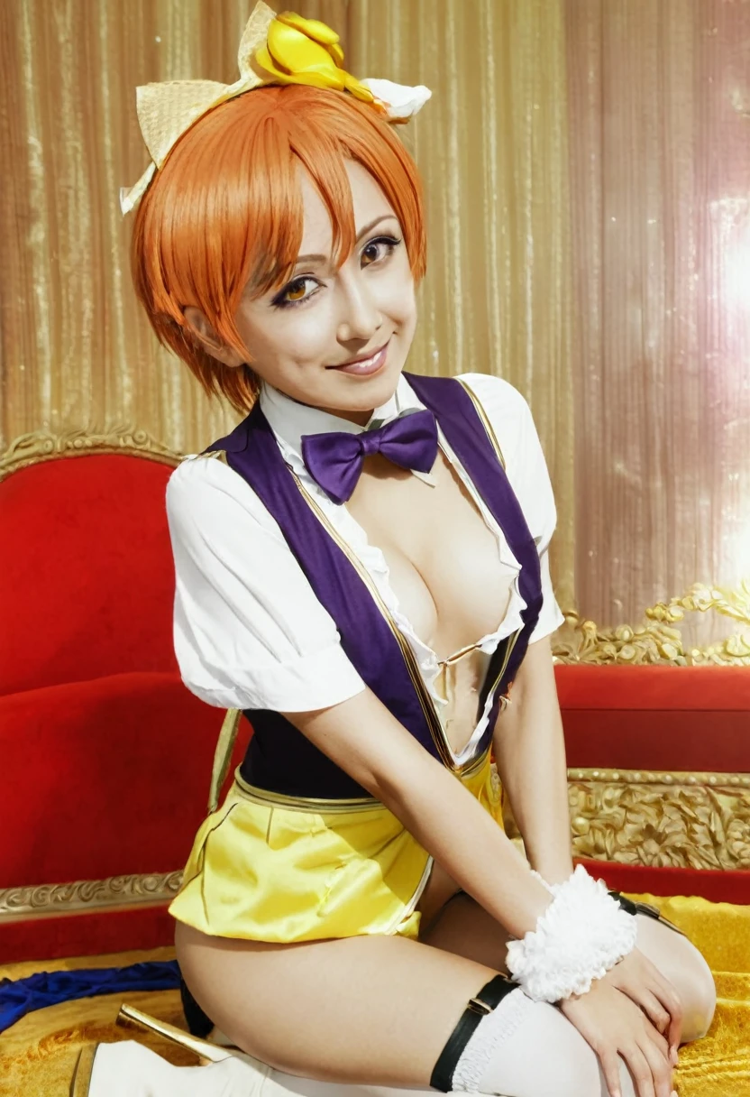 Masterpiece, best quality, from side, Hoshizora rin, yellow eyes, short hair, orange hair, breasts, looking_at_viewer, blush, smile, open_mouth, thighhighs, gloves, bow, ribbon, navel, holding, :d, heart, nude, boots, elbow_gloves, bowtie, v-shaped_eyebrows, thigh_boots, wand, pink_footwear, pasties, pink_gloves, heart_pasties, maebari