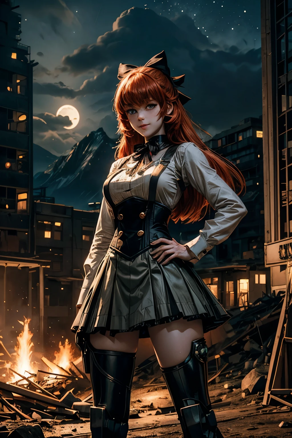 night, moon, stars, cowboy shot, (dynamic pose), smile,  underbust, Penny Polendina, long red hair, neck ribbon, suspender skirt, corset, black bow, white blouse, mechanical legs, neon trim, hand on hip, (standing in city ruins), in valley, BREAK mountains in background, waterfall, crowd, (crowd in military uniform), post-apocalypse, dystopian future, bonfires (volumetric lighting), intricate details, tonemapping, sharp focus, hyper detailed

