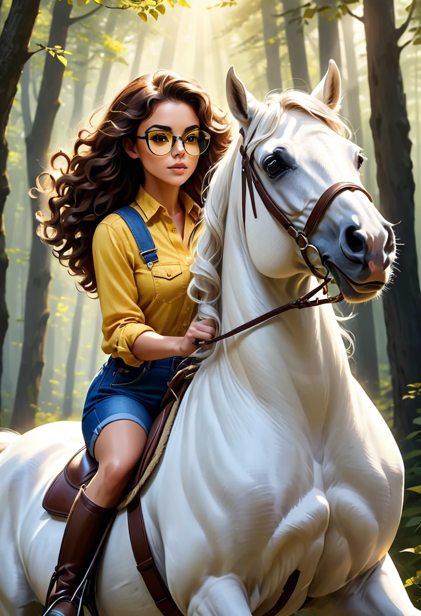 You will act as a digital artist specializing in realistic illustrations. Por favor, create an image of a beautiful woman with dark brown curly hair, wearing dark sports glasses, dressed in a light denim dungaree and a yellow blouse. She must be riding her majestic white horse, assuming a high-quality photographic pose that displays a modern, confident cavalier aura. The image must be an 8K masterpiece.

The scene must be set in a forest environment with beautiful fruit trees, where sunbeams pass through the treetops, creating a play of light and shadows that highlight the details of the clothing, of the horse&#39;s hair and muscles. The composition should convey a feeling of peace, natural beauty and elegance, with a touch of dynamism and modernity. Every detail of the scene must be meticulously crafted to create a true work of art..
