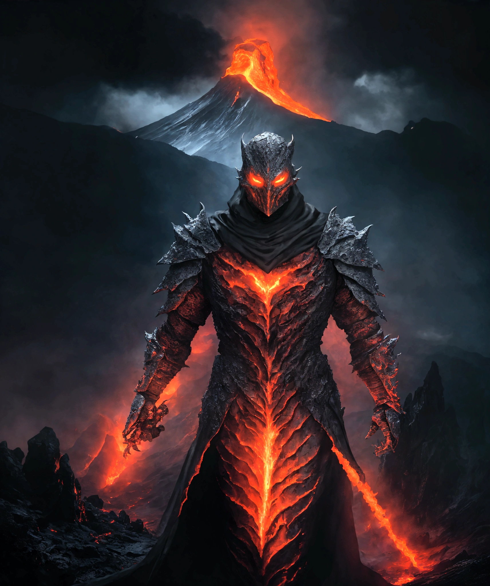 (extremely detailed 8k wallpaper), a medium shot photo of  Grim dressed as a scary masked lava-supervillain in an orange armour made of white glowing armour from marvel, theme, intricate, high detail, dramatic, mountain with lava running down the mountain in the background