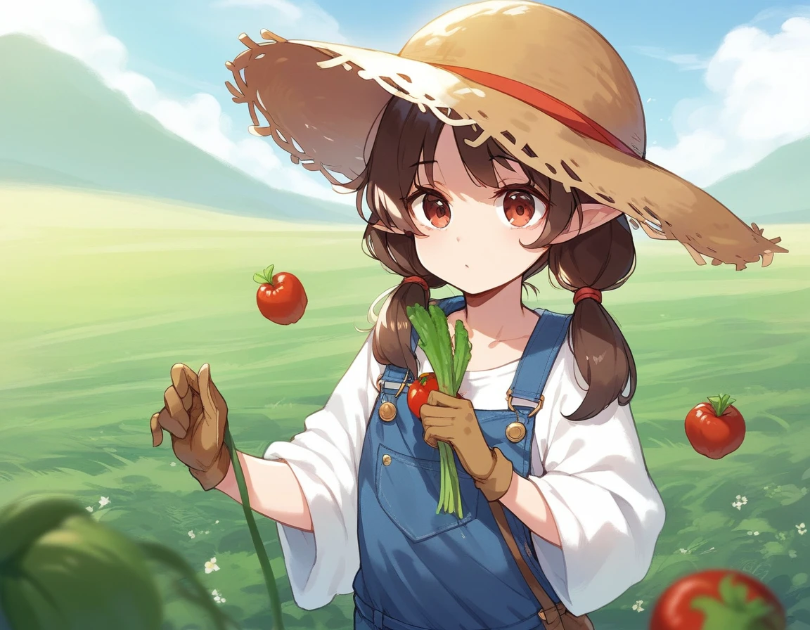 BREAK Perfect Anatomy、(High resolution:1.2)、Incredible illustrations、(Cute illustrations:1.2)、()
(cinematic angle,solo focus,) （Beautiful background（vegetable field),
  1girl(brown hair,twin tails) a girl,elf 1.7meters, 45kg,flat chest,  
  (straw hat,towel around neck,denim overalls,,oversized long sleeve shirt,work gloves)
A girl harvesting tomatoes in a tomato field
