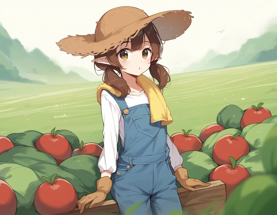 BREAK Perfect Anatomy、(High resolution:1.2)、Incredible illustrations、(Cute illustrations:1.2)、()
(cinematic angle,solo focus,) (Beautiful background(vegetable field),
1girl(brown hair,twin tails) a girl,elf 1.7meters, 45kg,flat chest,
(straw hat,towel around neck,denim overalls,,oversized long sleeve shirt,work gloves)
A girl harvesting tomatoes in a tomato field