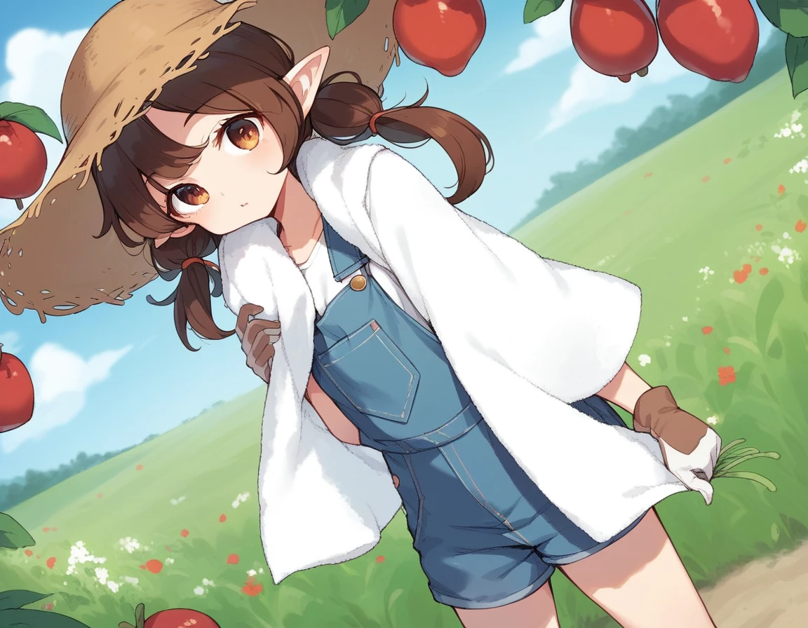 BREAK Perfect Anatomy、(High resolution:1.2)、Incredible illustrations、(Cute illustrations:1.2)、()
(cinematic angle,solo focus,) (Beautiful background(vegetable field),
1girl(brown hair,twin tails) a girl,elf 1.7meters, 45kg,flat chest,
(straw hat,towel around neck,denim overalls,,oversized long sleeve shirt,work gloves)
A girl harvesting tomatoes in a tomato field