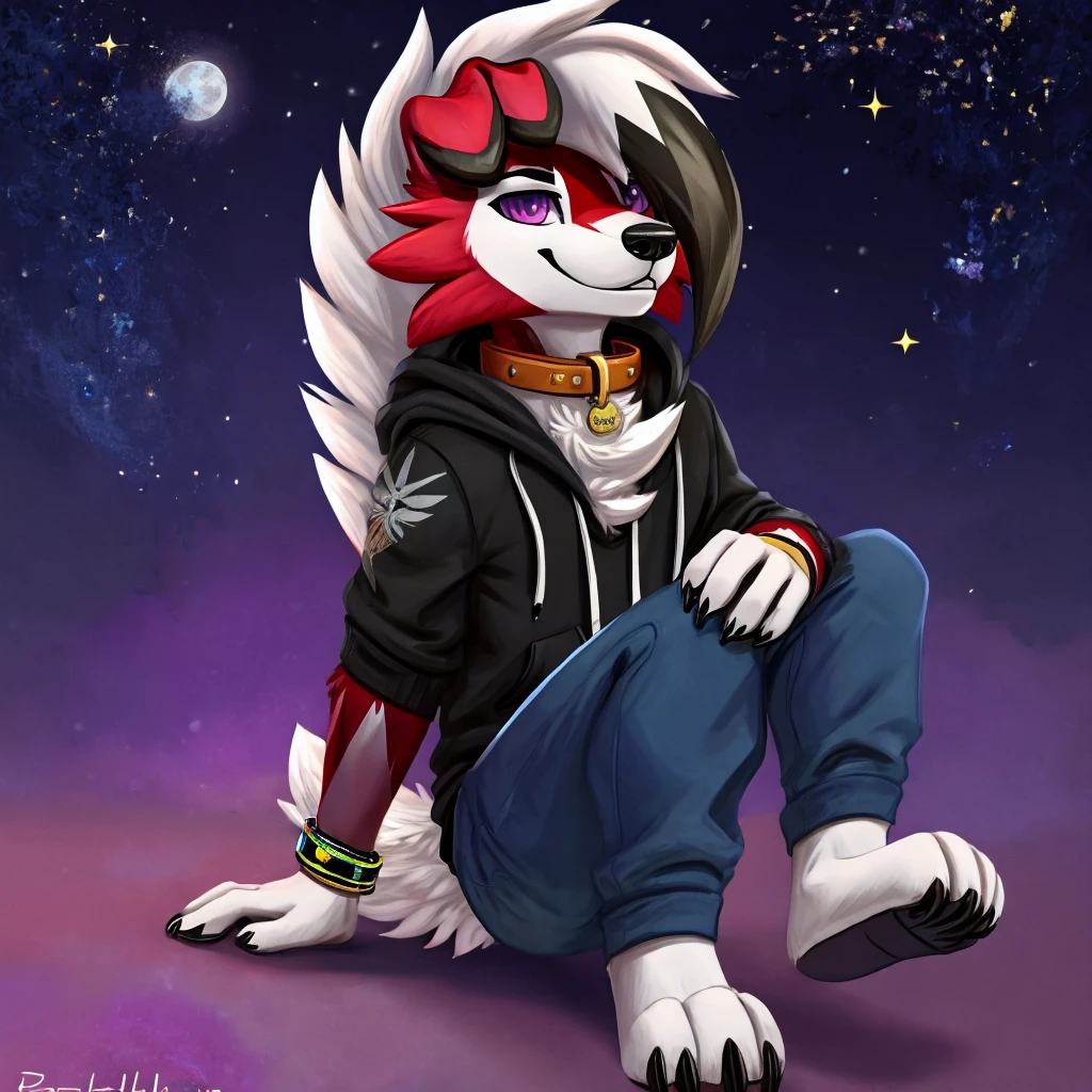  A dark purple Midnight femboy lycanroc wearing a blue and purple hoodie and diaper and white socks with black stripes and a gold necklace on his neck and with bracelets on his arms 
