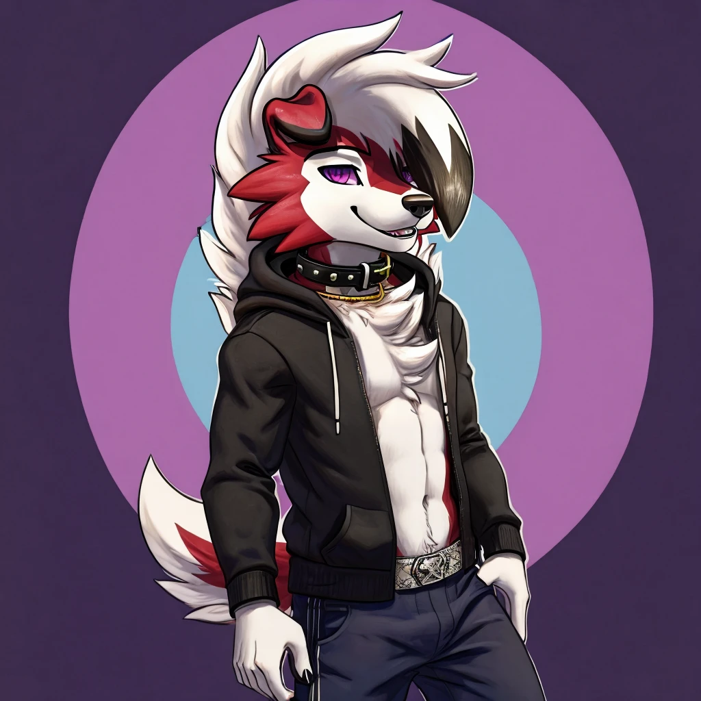 A dark purple Midnight femboy lycanroc wearing a black hoodie and blue pants and white socks with black stripes and a gold dog collar around his neck and with bracelets on his arms