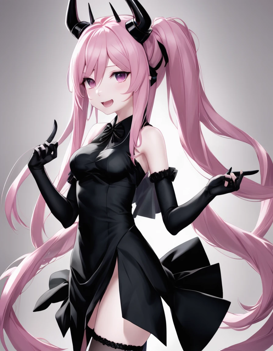 nakano miku with light pink skin, horns, claws, black dress, a tail
