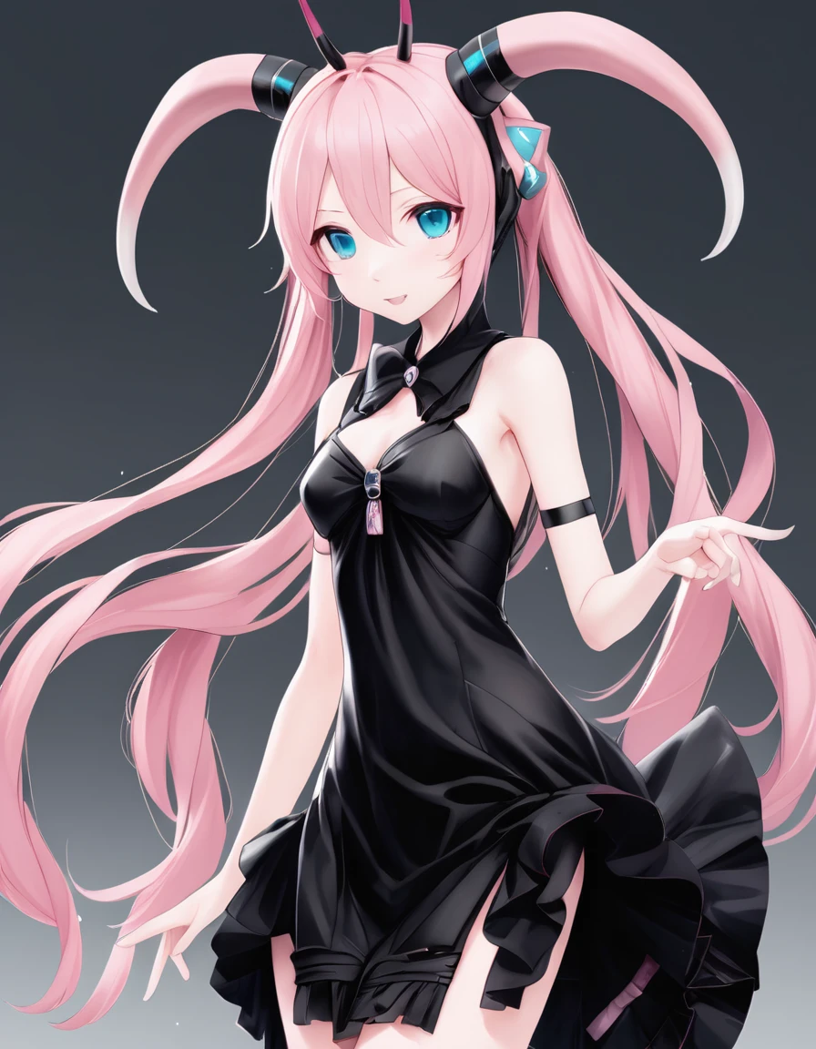 nakano miku with light pink skin, horns, claws, black dress, a tail
