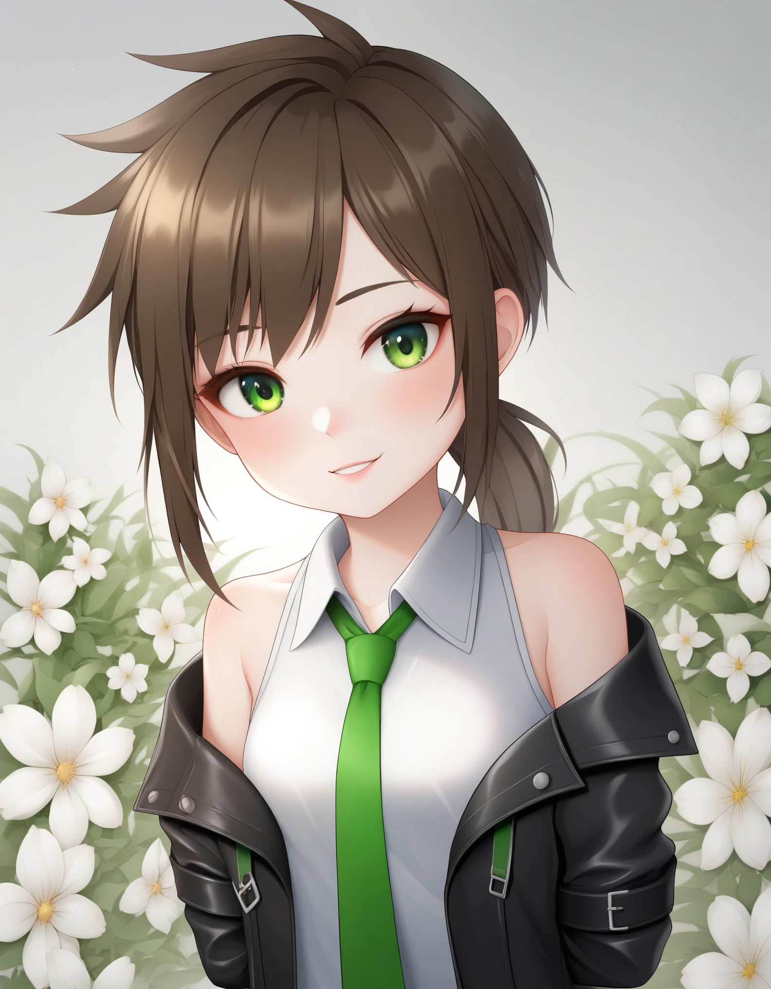 (:1.1), brown ponytail, white skin, short man, green eyes, artwork, punk jacket, white shirt, green tie, open shoulders, open sleeves, light smile, flower, quiet, restrained, (conceptual art)