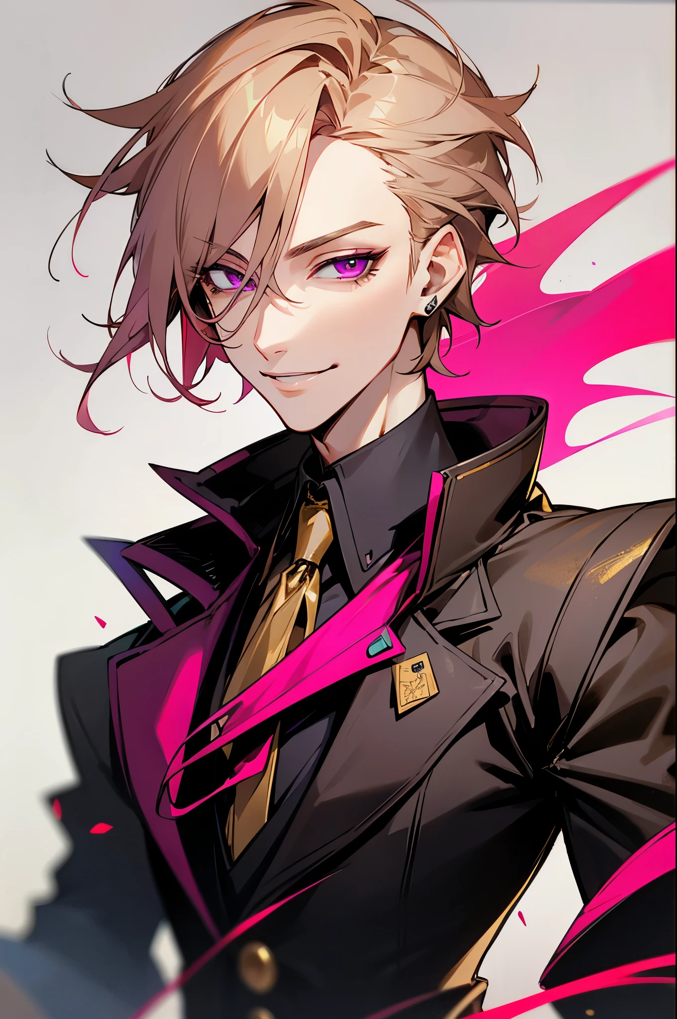 Handsome, solo, 1 male, short hair, magenta eyes, ash blonde hair, black and gold clothes, smile facial, futuristic, cyberpunk, gambler, cards