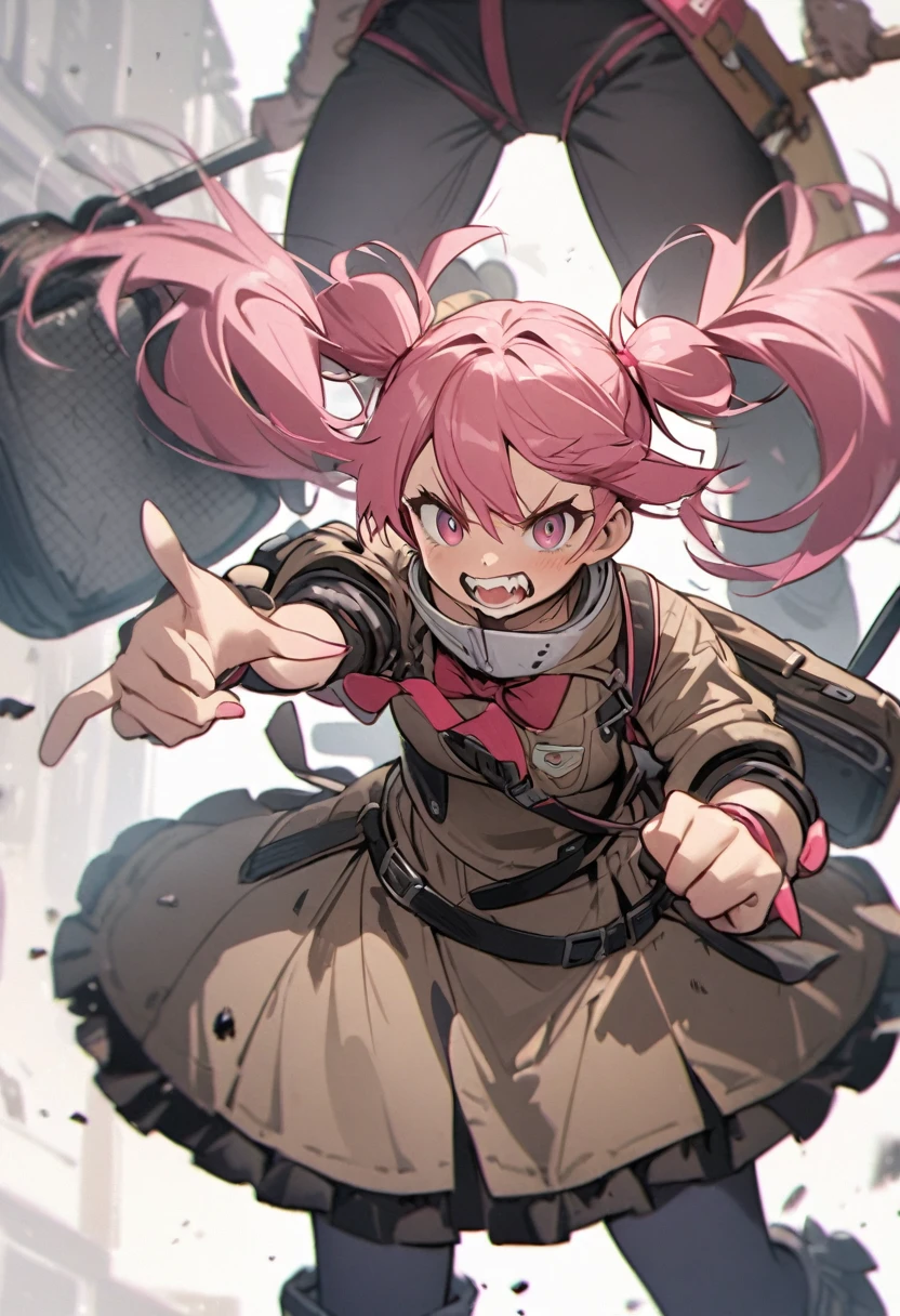 Pink Hair Woman, twin tails twin drill, Big baggage on the back、Grit your teeth、heavy
