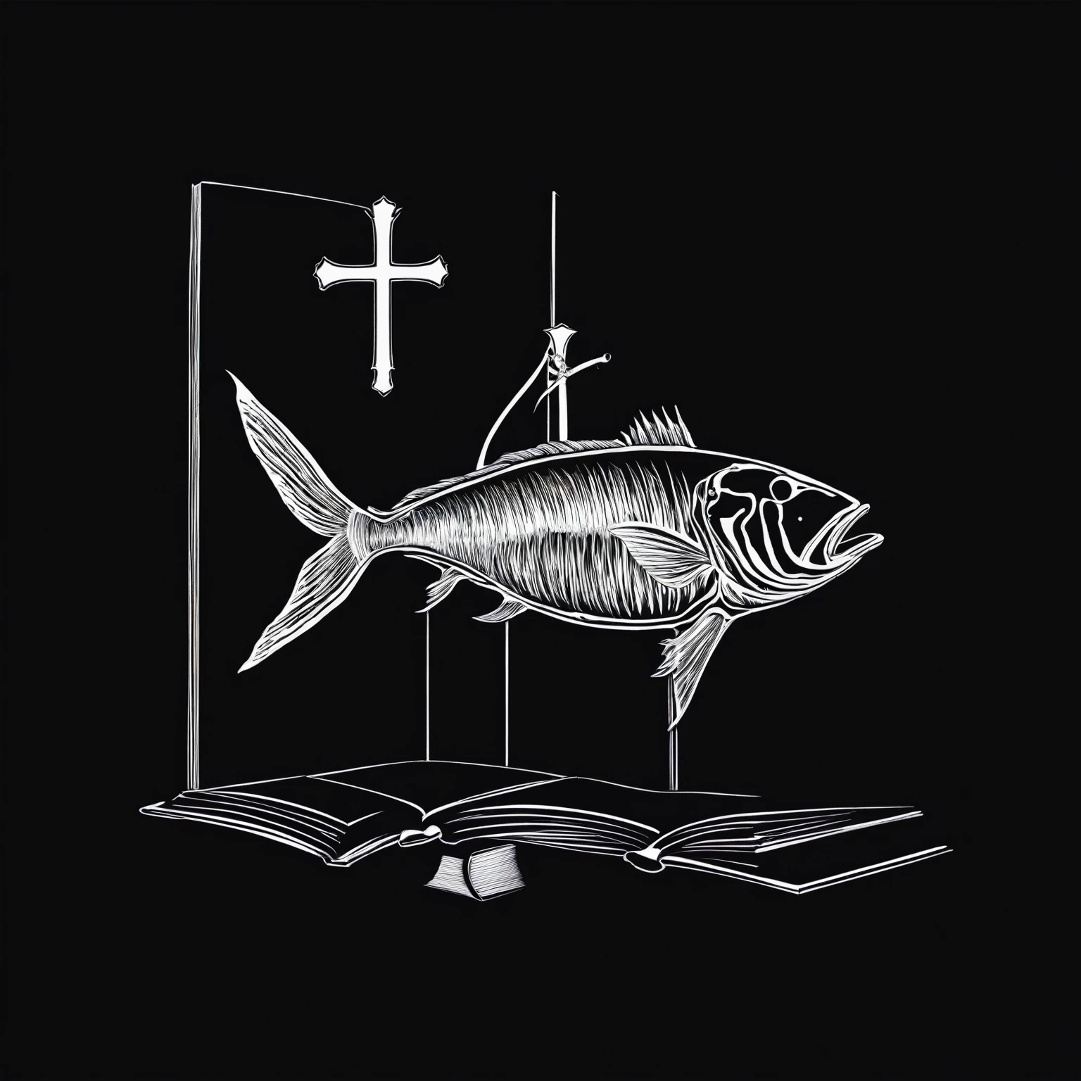 Skeletal white fish with book and cross above