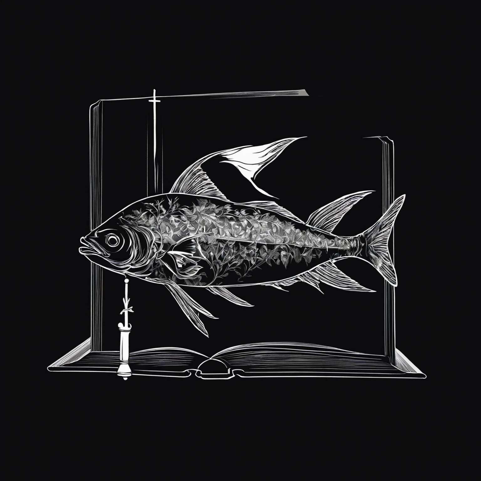 Skeletal white fish with book and cross above
