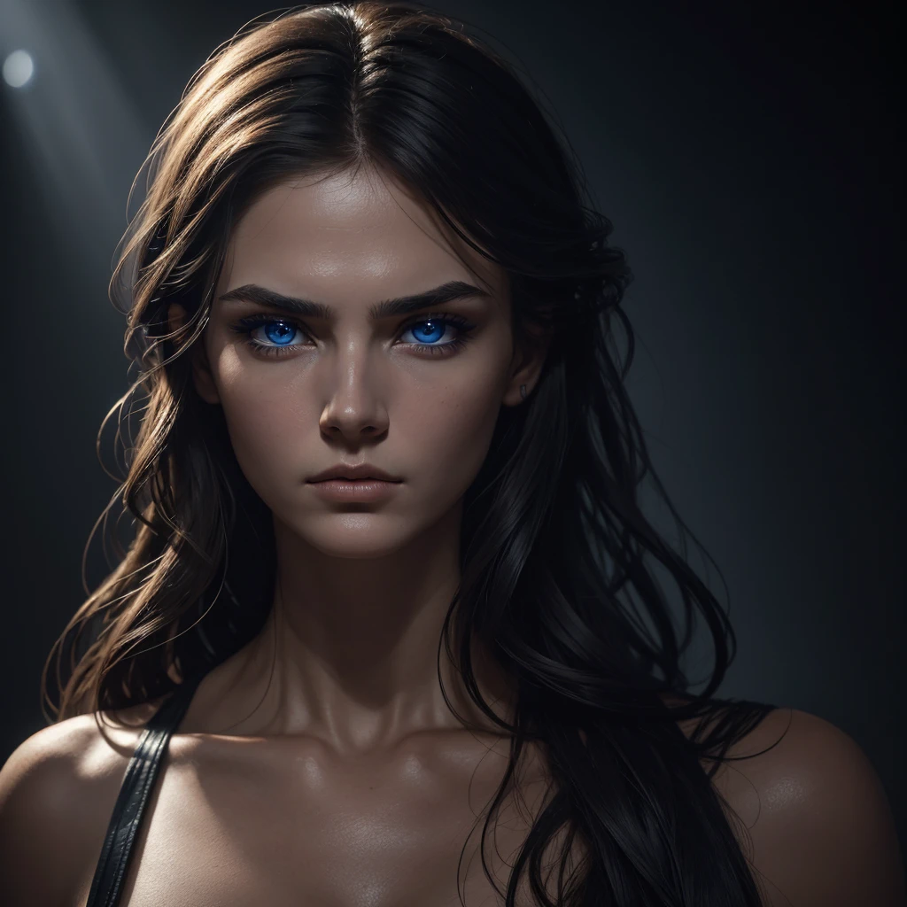 1 woman, striking facial features, deep expressive blue eyes, prominent cheekbones, strong eyebrows, dramatic lighting, chiaroscuro lighting, blurred background, ultra-realistic, 8k, realistic and artistic style, soft skin, intense and captivating mood