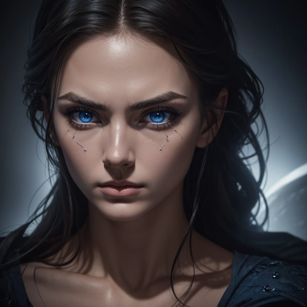 1 woman, striking facial features, deep expressive blue eyes, prominent cheekbones, strong eyebrows, dramatic lighting, chiaroscuro lighting, blurred background, ultra-realistic, 8k, realistic and artistic style, soft skin, intense and captivating mood