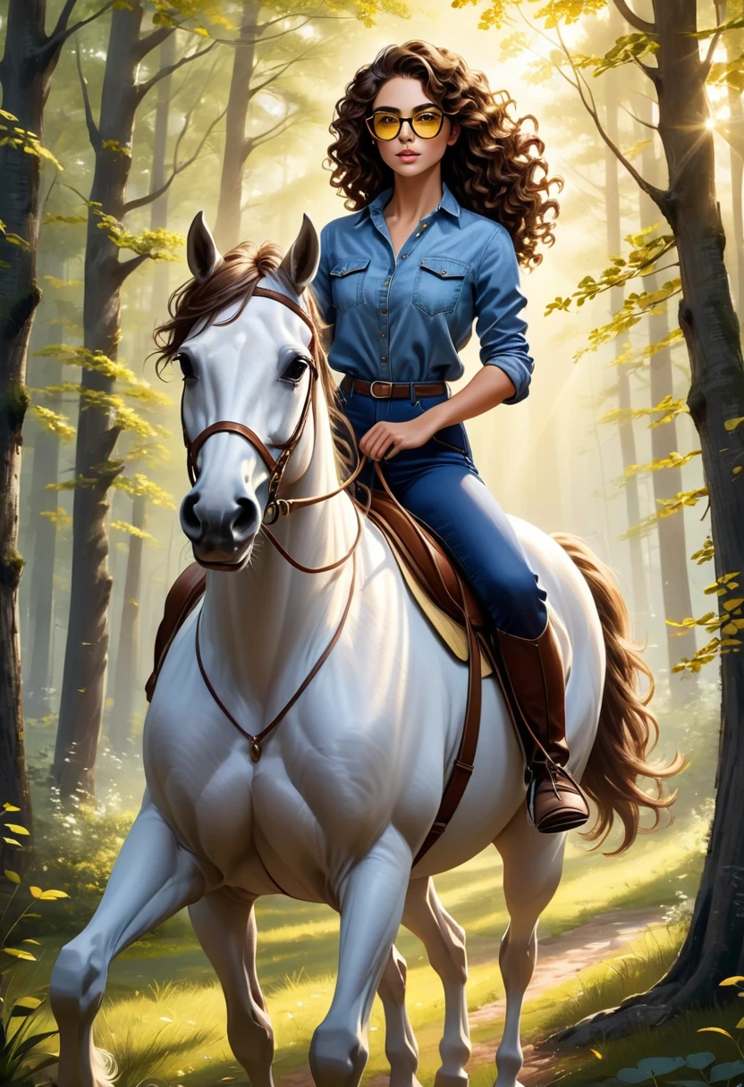 You will act as a digital artist specializing in realistic illustrations. Please create an image of a beautiful woman with dark brown curly hair, wearing dark sports glasses, dressed in a light denim dungaree and a yellow blouse. She must be mounted on her majestic white horse, assuming a high-quality photographic pose that displays a modern and confident equestrian aura. The image must be an 8K masterpiece.
The scene must be set in a forest environment with beautiful fruit trees, where rays of sunlight pass through the treetops, creating a play of light and shadows that highlight the details of the horse's clothing, hair and muscles. The composition must convey a feeling of peace, natural beauty and elegance, with a touch of dynamism and modernity. Every detail of the scene must be meticulously crafted to create a true work of art.