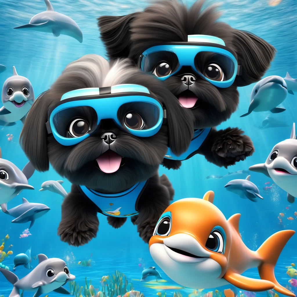 2 Adorable small black Shih Tzu puppies wearing bright sunglasses running on beach Disney background 3d cartoon 3d render disney pixar style